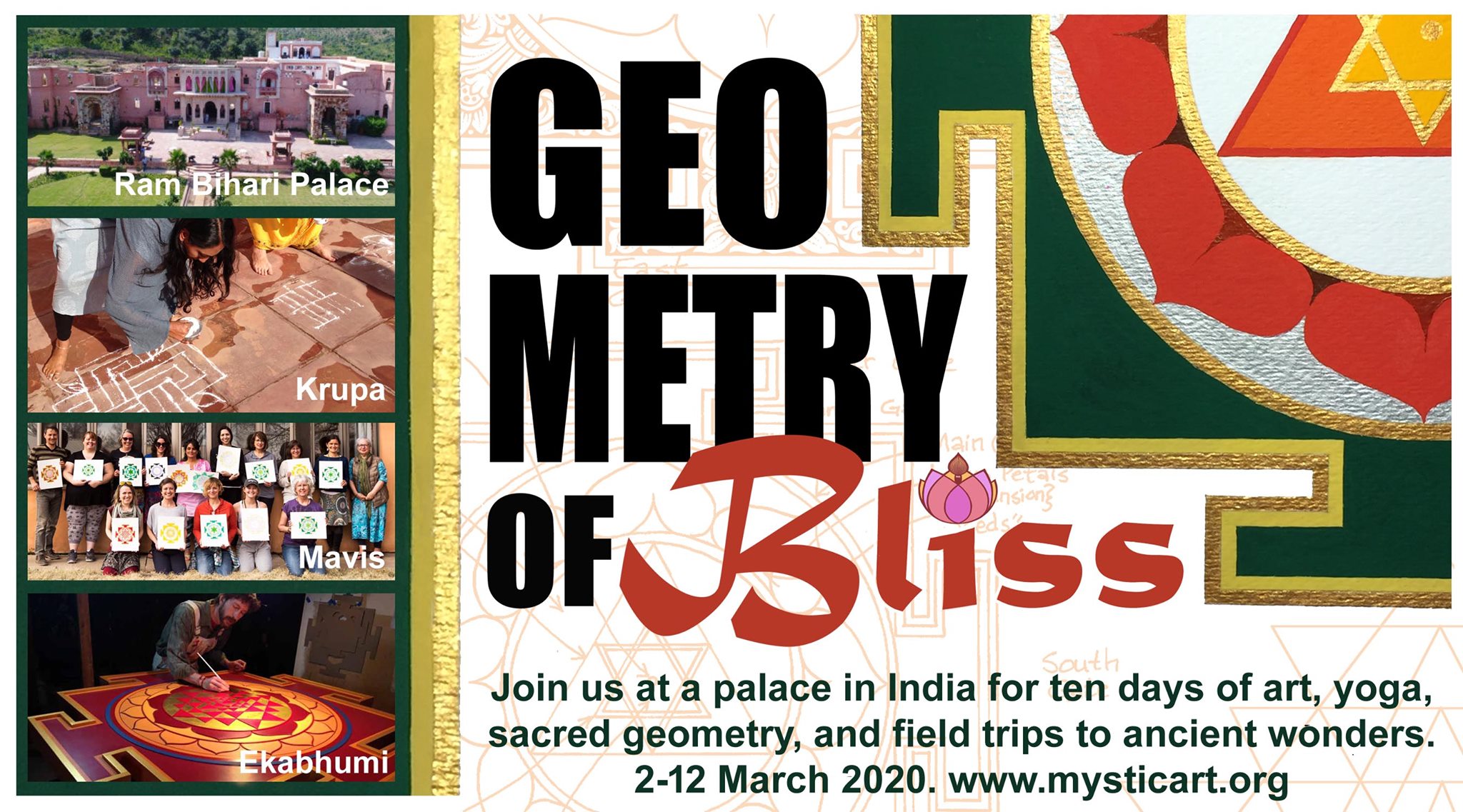 Promotional postcard showing scenes from a past trip to the Ram Bihari Palace. Photos of the palace and of past participants are shown to the left. To the right is a picture of a Ganesha yantra, with deep green, yellow, red, gold and silver components.