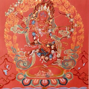 The goddess Kurukulla painted on a red background